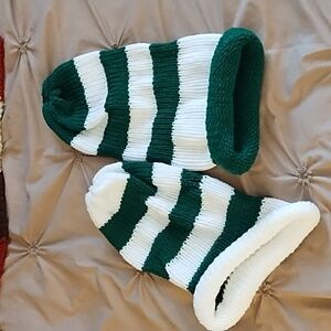 Green White Striped Hats set Beanie Winter Sports cold Headwear Knit Handmade